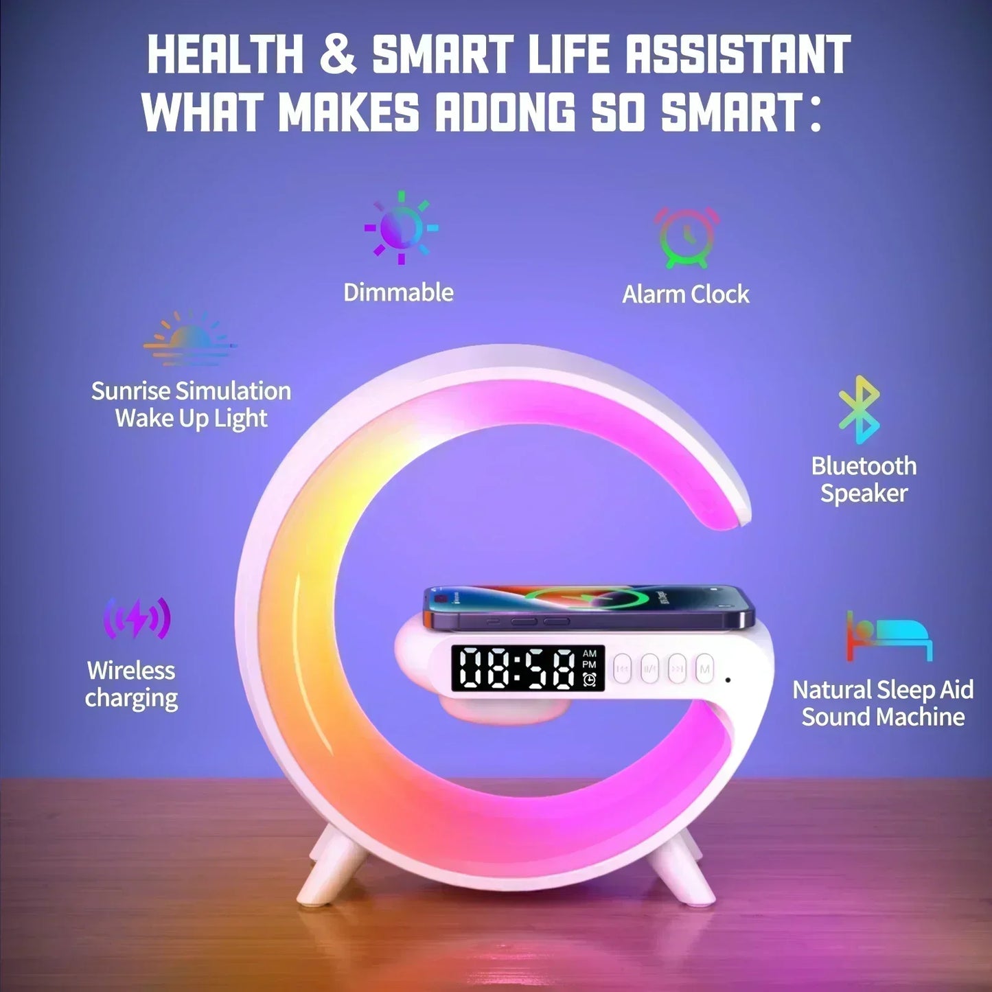 Wireless Charger Stand Stereo Bluetooth Speaker RGB Night Light Lamp Alarm Clock For Smartphone Fast Wireless Charging Station