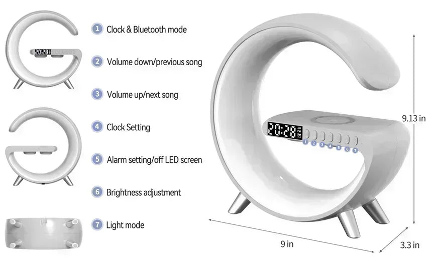Wireless Charger Stand Stereo Bluetooth Speaker RGB Night Light Lamp Alarm Clock For Smartphone Fast Wireless Charging Station
