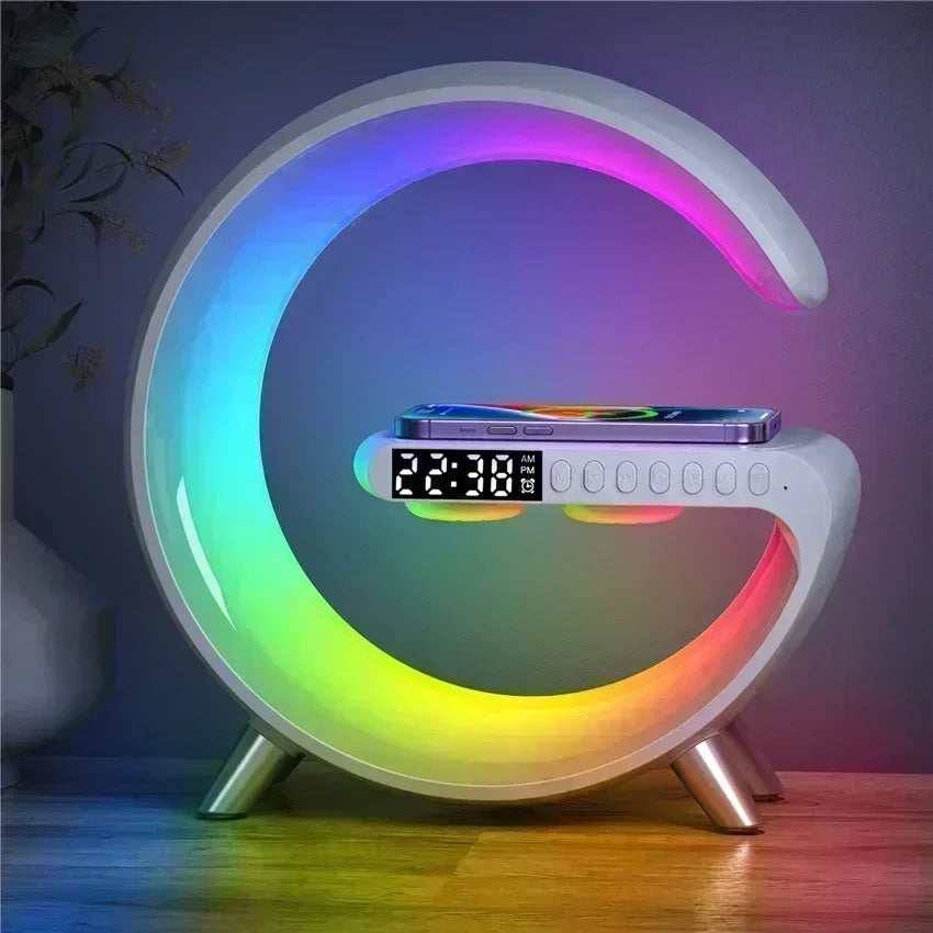 Wireless Charger Stand Stereo Bluetooth Speaker RGB Night Light Lamp Alarm Clock For Smartphone Fast Wireless Charging Station