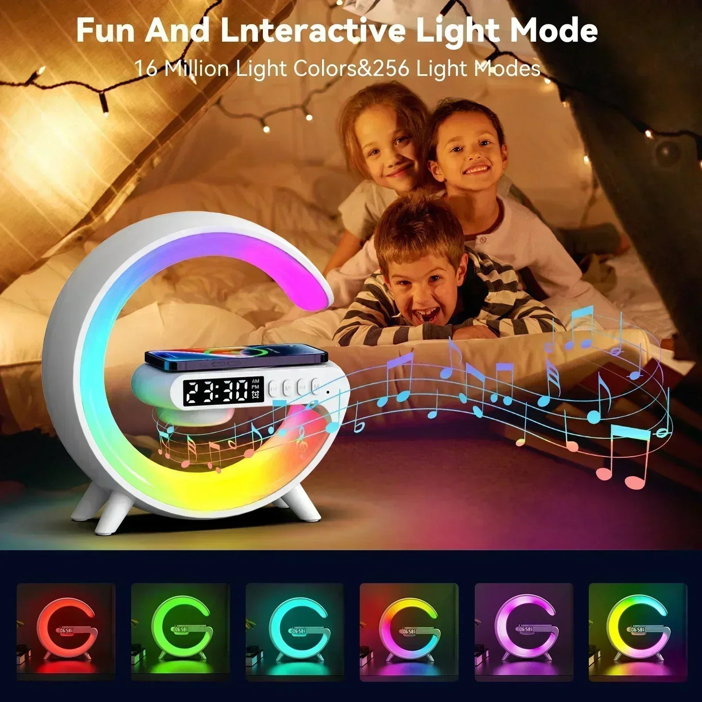 Wireless Charger Stand Stereo Bluetooth Speaker RGB Night Light Lamp Alarm Clock For Smartphone Fast Wireless Charging Station