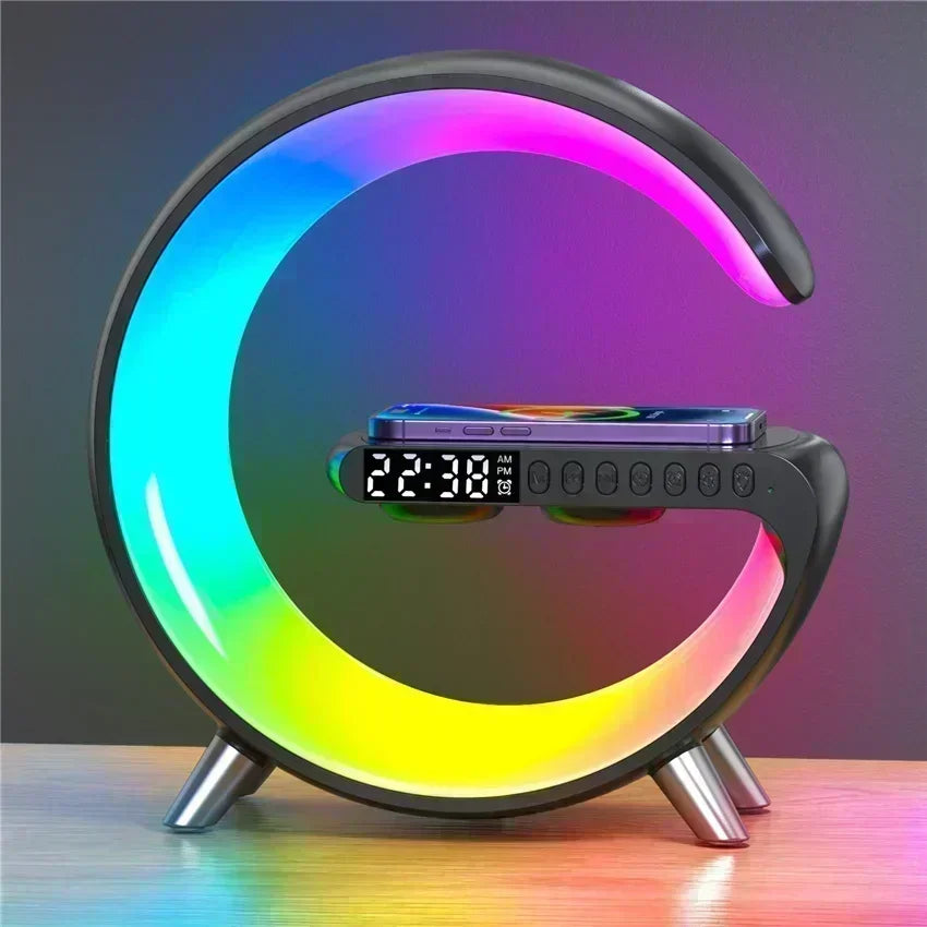 Wireless Charger Stand Stereo Bluetooth Speaker RGB Night Light Lamp Alarm Clock For Smartphone Fast Wireless Charging Station