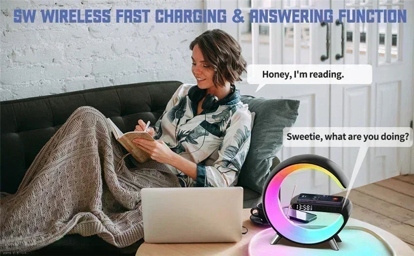 Wireless Charger Stand Stereo Bluetooth Speaker RGB Night Light Lamp Alarm Clock For Smartphone Fast Wireless Charging Station