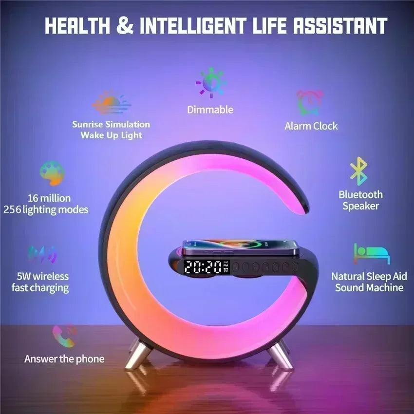 Wireless Charger Stand Stereo Bluetooth Speaker RGB Night Light Lamp Alarm Clock For Smartphone Fast Wireless Charging Station